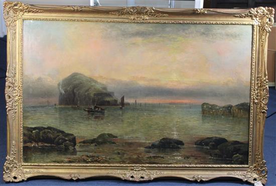 English School c.1890 Coastal landscape with shipping and Bass Rock in the distance, 30 x 48in.